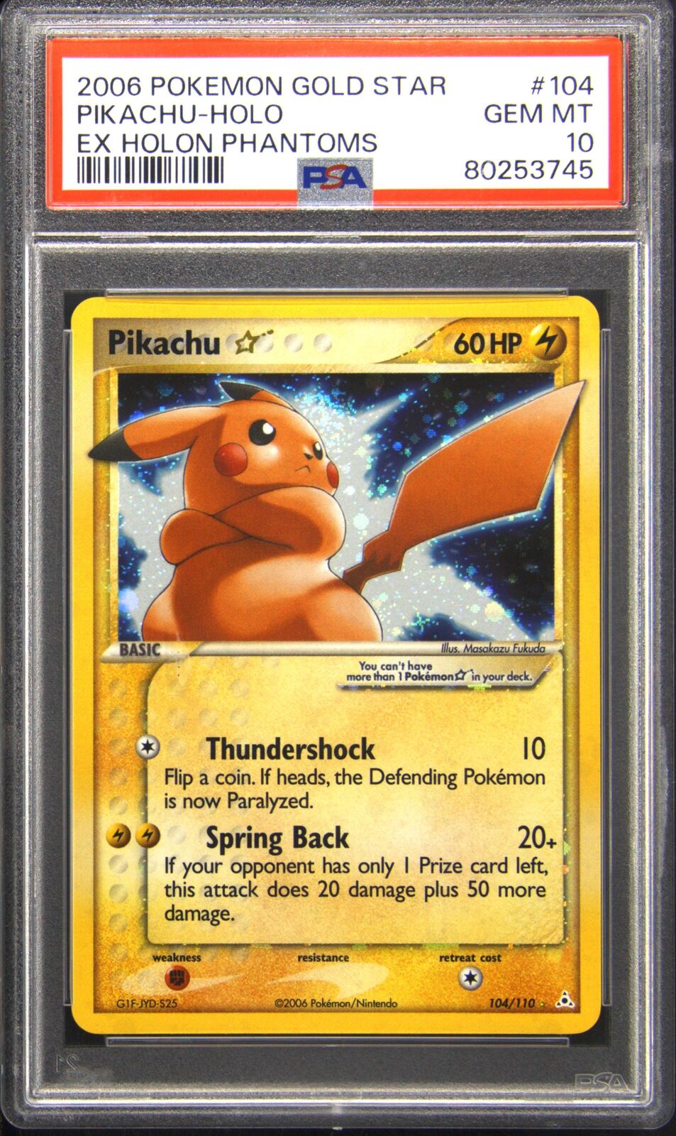 PSA 10 Pikachu Gold Star ex Holon Phantoms Holo SWIRL Pokemon Card 104/110 MT1