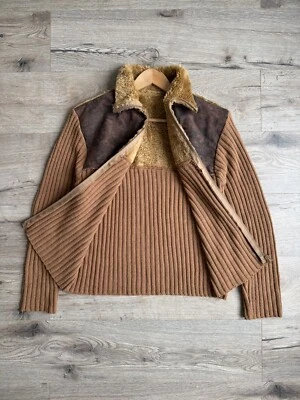 Vintage Fur Collar Avant Garde Ribbed Knit Brown Full Zip Sweater - Image 1 of 4