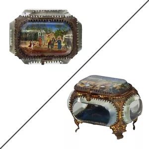Antica scatola gioielli francese Ormolu dorata bara vetro smussato souvenir STRADA - Foto 1 di 13