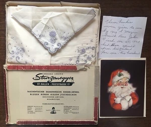 1940er Schweizer Taschentuch Set mit ROST BASTELN WEIHNACHTSMANN Weihnachtskarte Neu im Karton Provenienz - Bild 1 von 10