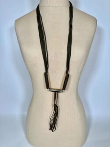 Chicos Brown Leather Gold Tone Leather Tassel Modern Boho Necklace - Picture 1 of 4