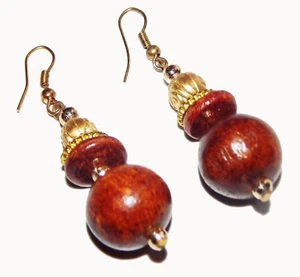 Wood Carving Drop Dangle Gold Plated Handmade Tibetan Earrings Jewelery - Picture 1 of 3