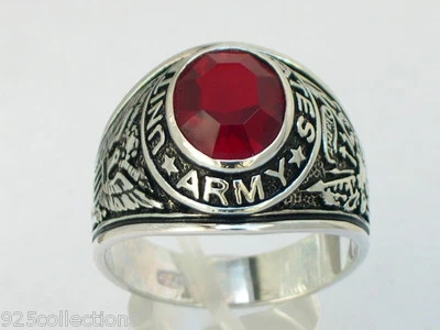 925 Silver United States Army Military January Red Garnet CZ Stone Men Ring 7-14 - Image 1 of 4