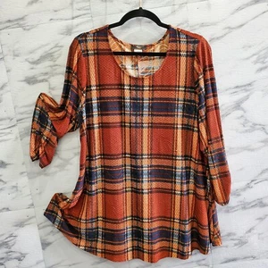 VeraRose Top Womans Size1X Burnt Orange Blue Plaid Boho Stretch Comfort Tunic - Picture 1 of 6