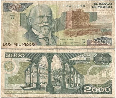 MEXICO 2-24-1987 Circulated "2000 PESOS" Series DE Writer JUSTO SIERRA Note - Image 1 of 4