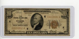1929 $10 FEDERAL RESERVE BANK OF RICHMOND, VA BROWN SEAL F/VF - Picture 1 of 2