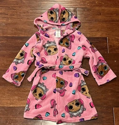LOL Surprise Pink All Over Print Logo Girls Small 6 Plush Belted Hoodie Bathrobe - Image 1 of 4