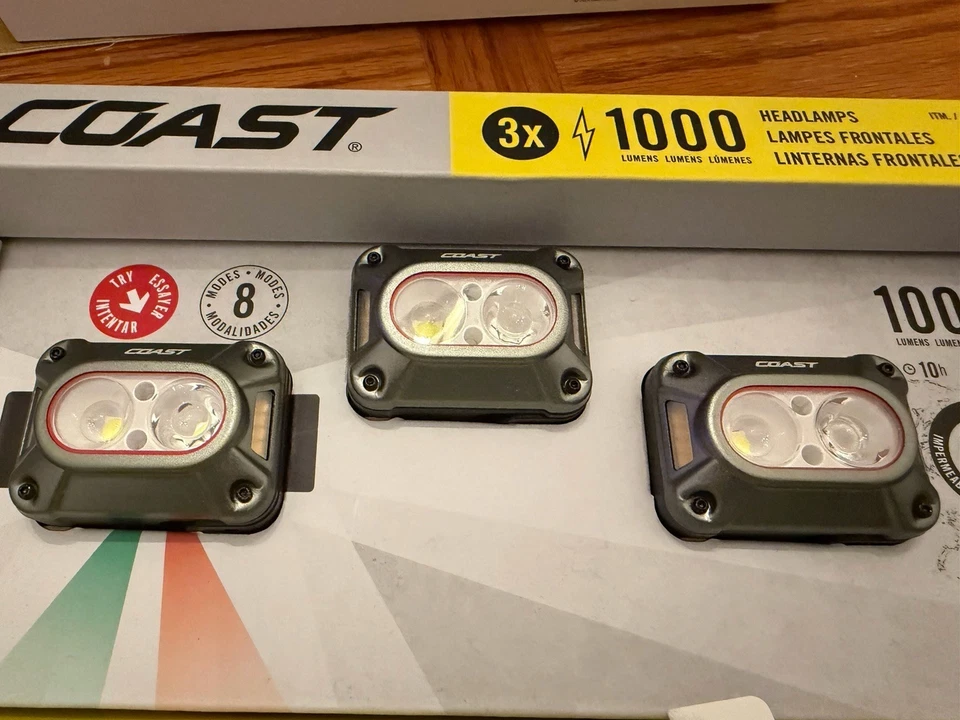 Coast CH1000R 1000-Lumen Headlamp 3-Pack – Rechargeable Dual Power IPX7