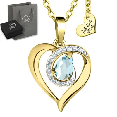Echter Blau-Topas 925 Silber Herzkette gold Kette Herz Geschenk für Frauen Damen - Bild 1 von 4