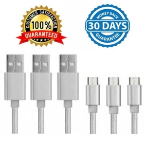 3x Micro USB Nylon Braided Charging Cords Silver 6-ft For Android Samsung Phones - Picture 1 of 6