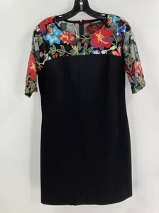 Nina Leonard Embroidered Floral Lace Shift Midi Dress BLACK Boho Mesh Colorful - Picture 1 of 8