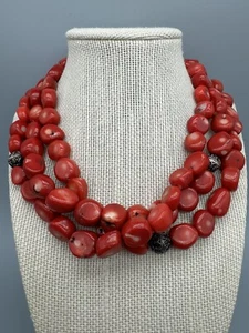 Vintage Red Coral Beads 3 Strand 925 Sterling Silver Clasp/Beads Necklace 17” - Picture 1 of 24