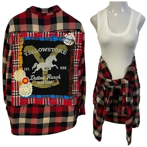 Camisa de franela reciclada para mujer 1X Dutton Ranch Western Grunge Shacket arte rupestre - Imagen 1 de 20