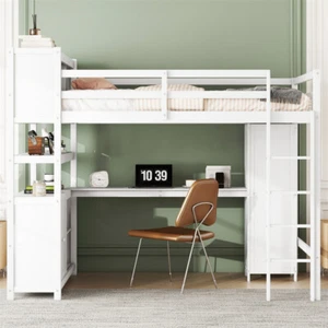 Full Size Wood Loft Bed with Large Cabinet,2 inner Shelves,Wardrobe & Desk White - Picture 1 of 14