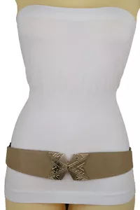 Women Beige Nude Faux Leather Elastic Vacation Cool Belt X Gold Metal Buckle S M - Picture 1 of 22