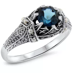 ANTIQUE STYLE GENUINE LONDON BLUE TOPAZ & PEARL 925 STERLING SILVER RING 619z - Picture 1 of 3