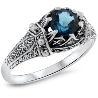 ANEL DE PRATA ESTERLINA 925 ESTILO ANTIGO GENUÍNO TOPÁZIO AZUL LONDRES E PÉROLA 619z - Imagem 1 de 3