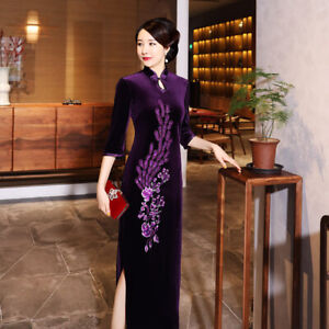 Women Velvet Dress Chinese Traditional Long Cheongsam Prom Qipao  M to 3XL