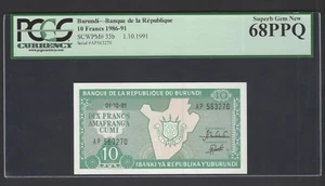 Burundi 10 Francs 1-10-1991 P33b Uncirculated Graded 68 - Picture 1 of 2