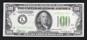 1934 $100 LGS LIGHT GREEN SEAL FRN SAN FRANCISCO, CA ABOUT UNCIRCULATED - Picture 1 of 2