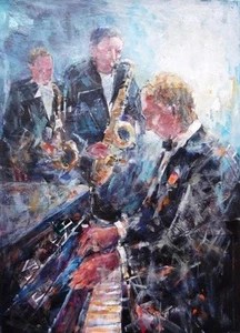 BEAUTIFUL SERA KNIGHT A.S.W.A ORIGINAL "Piano and Saxophone" PAINTING - Picture 1 of 1