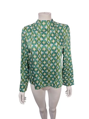 Blusa Fluida Verde Mango Geométrica Satén Botón Trasero Corbata Retro Mod Simulación Talla M Foto 1 de 4