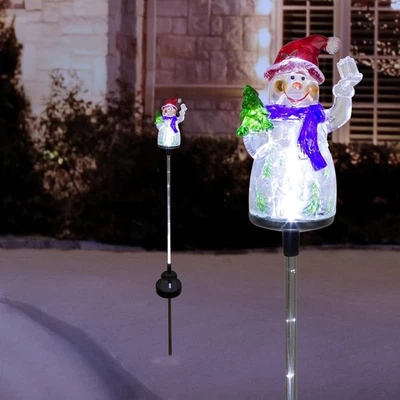 (2) Outdoor Solar Snowman Garden Stakes with 2 White Fiber Optic LED Lights - Image 1 of 3