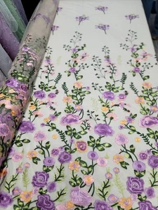 Lace Multicolor Embroidery Lavender Floral Nude Mesh Fabric By The Yard For Dres - Picture 1 of 10
