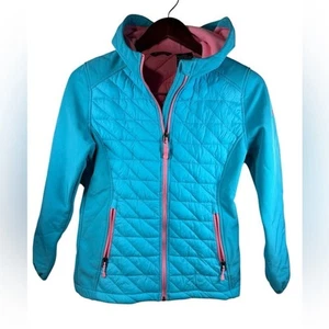SNOZU SZ 14 / 16Girls-Childre Polyes/Spand Blue Pink Trim Hooded Overcoat Jacket - Picture 1 of 6