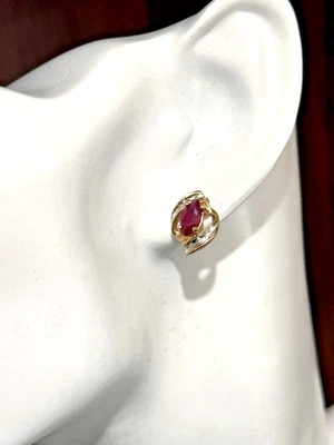 LADIES 10k YELLOW GOLD STUD EARRINGS & 2 NATURAL RUBIES & 4 DIAMONDS - Image 1 of 4