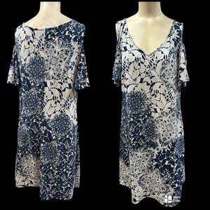 Roz&Ali, Mujer, Vestido de Verano, Azul-Blanco, Talla L, Cuello en V, Hasta el Cuello, Hecho en EE. UU.! - Imagen 1 de 11