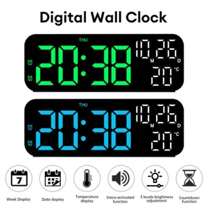 Large Digital Alarm Clock LED Temperature Voice Control Dual Alarm Snooze 12/24H - Picture 1 of 20
