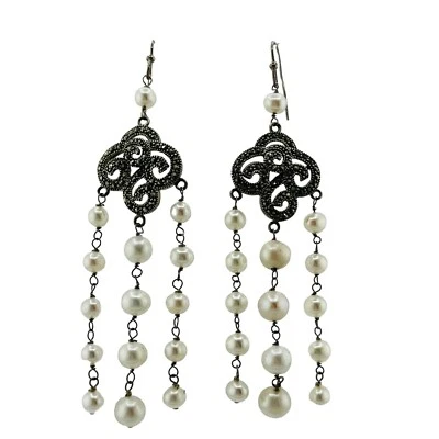 Pendientes araña de perlas de marcasita de plata de ley firmados declaración NF  Foto 1 de 4