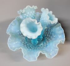 Vintage Fenton Epergne Three Horns Blue and White Opalescent Hobnail
