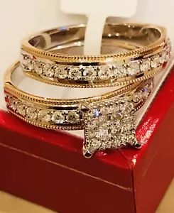 10k solid yellow & white gold diamond engagement ring band wedding ring set - Picture 1 of 10