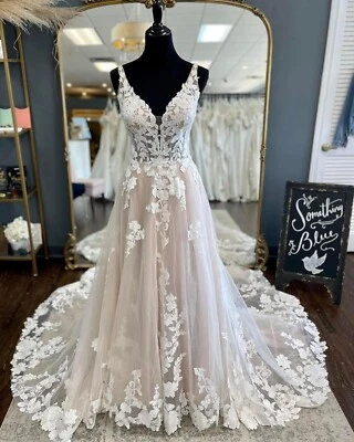 Leaves Lace Wedding Dress Bridal Gown Custom made Corset Slit Straps Blush New - Image 1 of 4