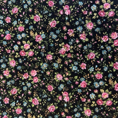 Floral Calico Cotton Fabric Black Blue Pink Roses 2 Yds "The Kesslers" Concord - Image 1 of 4