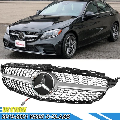 Front Upper Grille Silver W/LED Emblem Fit Mercedes Benz W205 C-CLASS 2019-2021 Foto 1 de 4