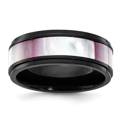 Anillo Banda Titanio Negro IP Chapado Rosa Madreperla Incrustación 8mm Talla 10 Foto 1 de 4
