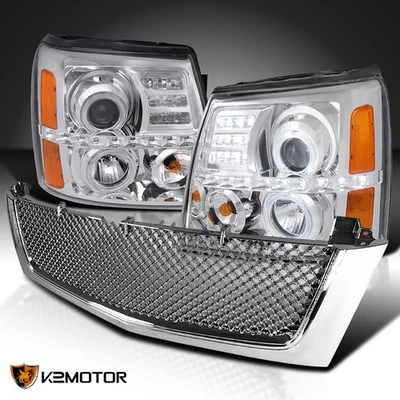 Fits 2002-2006 Cadillac Escalade Clear LED Halo Projector Headlights+Hood Grille - Image 1 of 4