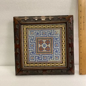 ANTIQUE GLAZED TILE GEOMETRIC DESIGN TRIVET CARVED WOOD FRAME - Picture 1 of 10