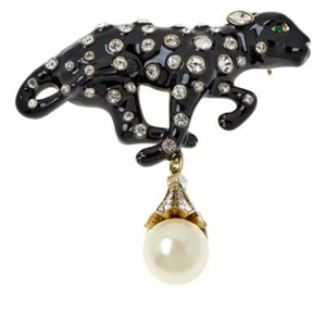 Heidi Daus "Jaguar Ornamental" Enamel & Crystal Simulated Pearl Pin Brooch NWT - Picture 1 of 1