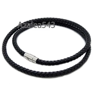 14"~40"" 3/4/5MM Negro Cuero Genuino Cordón Cierre Acero Inoxidable Hombre Collar - Imagen 1 de 6