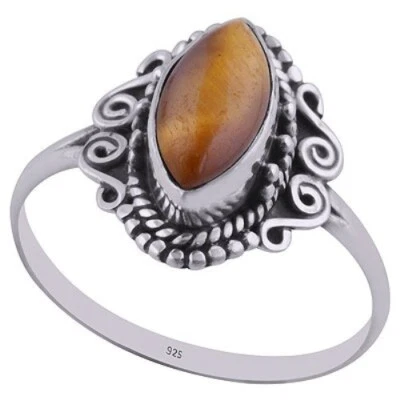 Occhio di Tigre 925 Argento Sterling Anello Appariscente da Donna Marquise Forma - Immagine 1 di 4