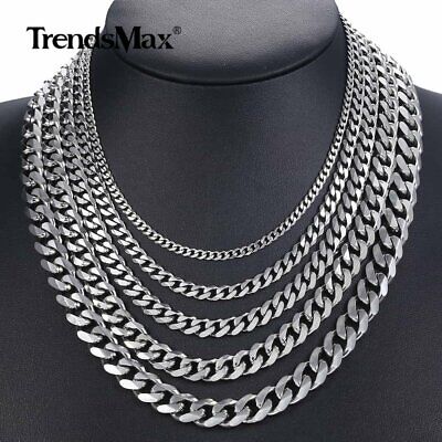 3/5/7/9/11MM Mens Chain Stainless Steel Silver Curb Cuban Necklace Choker 16-36  • 5.99€