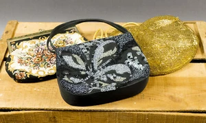 3 Reproduction Vintage Clutch Purses Gold Beaded, Silver Beaded, Cloth Floral - Picture 1 of 6
