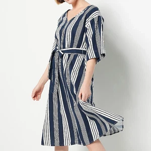 Girl With Curves Linen Blend Midi Dress Belt - Navy Stripe Size Petite XL *NEW* - Picture 1 of 2