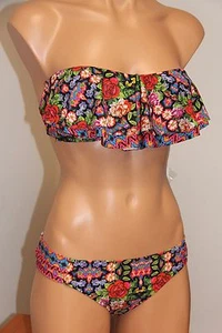 NWT Jessica Simpson Swimsuit Bikini 2 pc set Sz L BLK Multi Bandeau - Picture 1 of 6