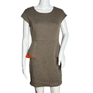 Esley Dress Womens Medium Brown Black Houndstooth Peplum Sheath Orange Accents - Picture 1 of 6