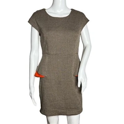 Vestido Esley Mujer Mediano Marrón Negro Pata de Gallo Peplum Vaina Naranja Acentos Foto 1 de 4